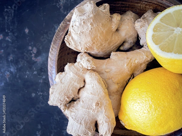 Obraz Ginger and lemon on dark vintage background