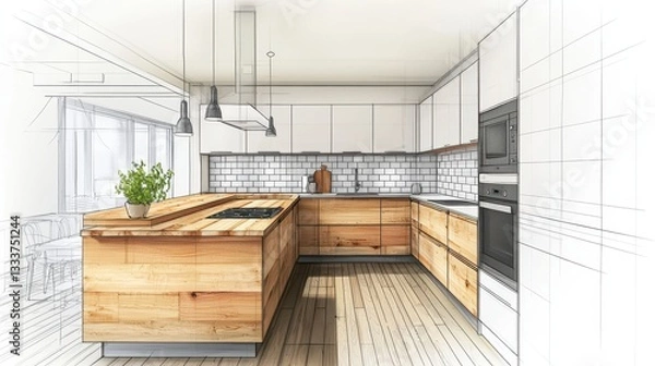 Fototapeta Modern Kitchen Design Sketch with Wooden Accents and Open Space