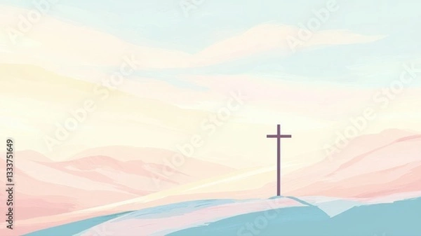 Fototapeta Serene Easter background with soft bokeh and a glowing cross at the center, perfect for religious websites, church invitations, or spiritual event announcements.
