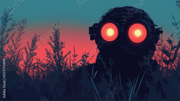 Fototapeta The image is a digital illustration depicting a dark silhouette of a figure with large, glowing red eyes. The figure appears to be wearing a helmet or mask.  The background features a field of dark