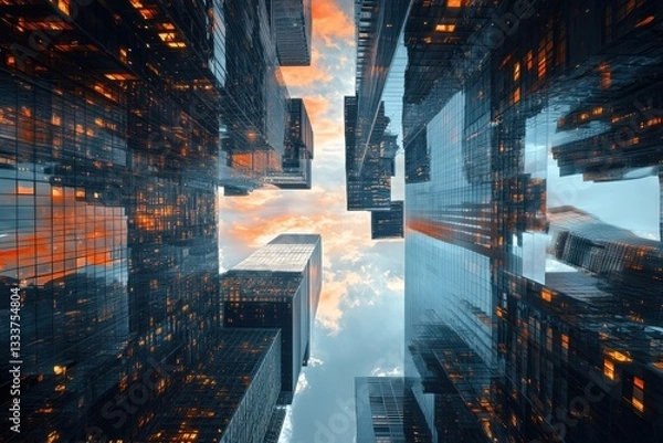 Fototapeta A cityscape with tall buildings and a cloudy sky