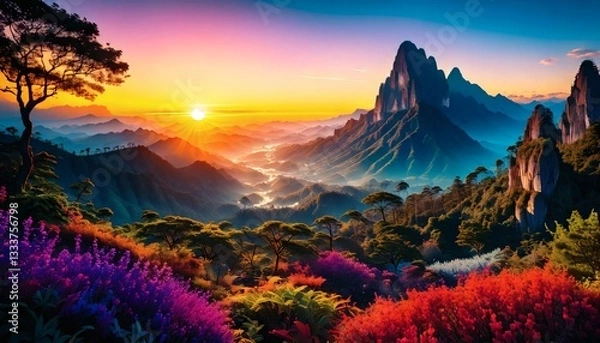 Obraz Majestic landscape featuring a dramatic mountain range bathed in warm golden light from a setting sun. 