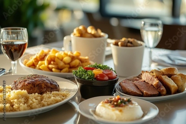 Fototapeta A burger with cheese and bacon on a bun sits on a plate next to a side of fries