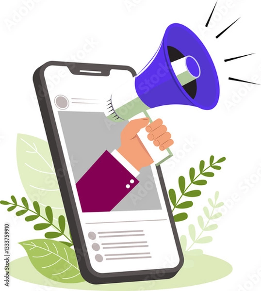 Obraz Illustration of a smartphone with a hand holding a red amplifier appearing from the phone, conveying an announcement.