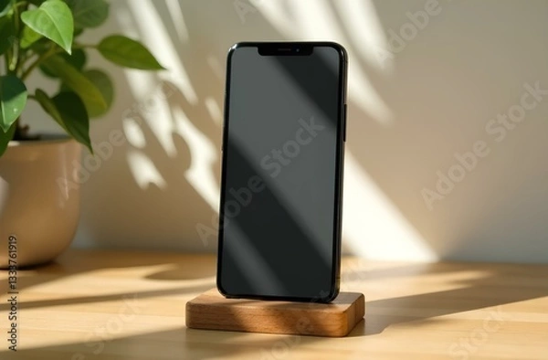 Obraz Smartphone on Wooden Stand with Leaf Shadow Backdrop