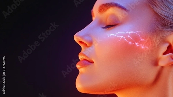 Fototapeta Close up of a woman’s face with glowing light streaks across her features symbolizing brain activity and digital neural network connectivity in a modern artistic portrait