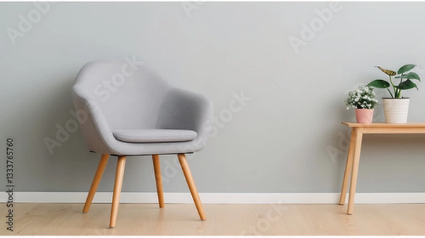 Fototapeta Serene Grey Chair in Minimalist Room Decor with Plants