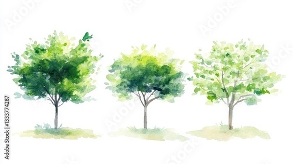 Fototapeta Watercolor Painting of Three Lush Green Trees