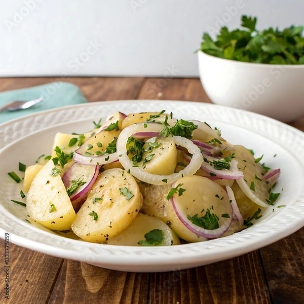 Fototapeta a-german-potato-salad-with-sliced-potatoes--onions 