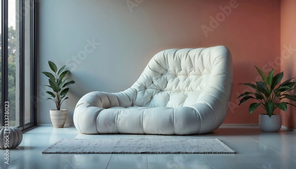 Obraz Elegant white tufted sofa in a modern minimalist interior with indoor plants and natural light. 