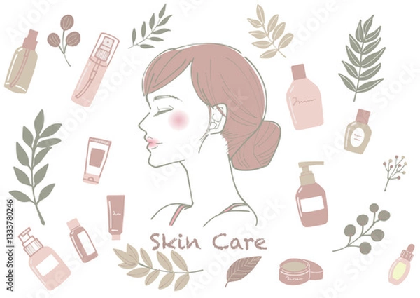 Obraz 手書きの女性の横顔のイラストと木の枝や植物やスキンケア用品のセット