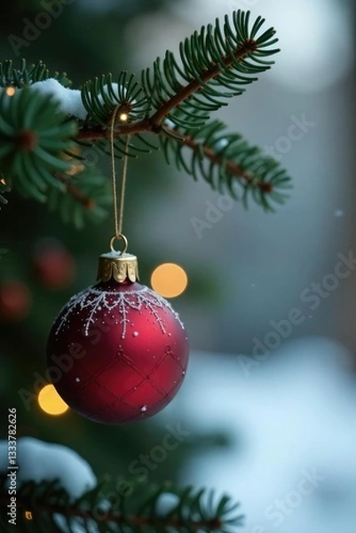 Fototapeta Delicate ornament hangs on rustic wooden branch, winter, Christmas, pinecones