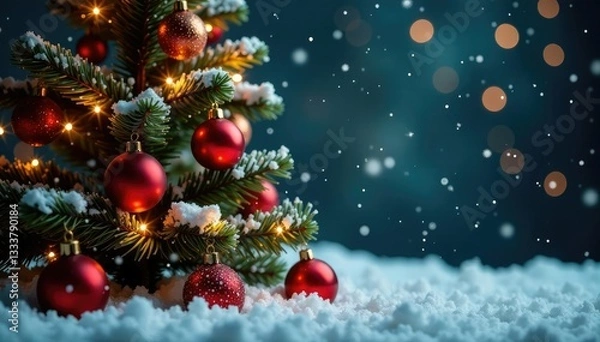 Fototapeta Festive Christmas tree with sparkling balls and lights, sparkle, merry, snowy