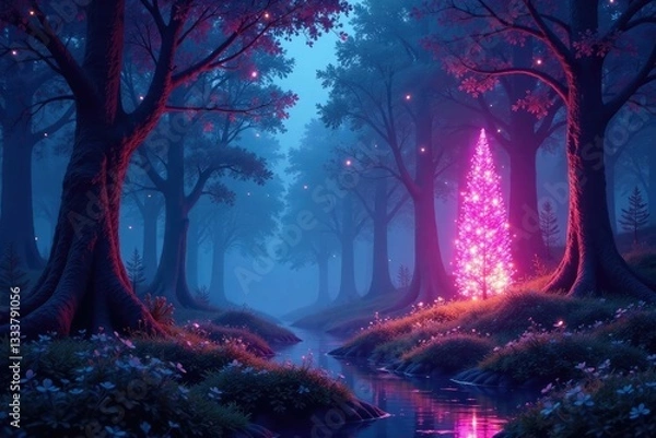 Fototapeta Glowing crystal forest with radiant, shimmering trees, crystal forest, ethereal, sparkles