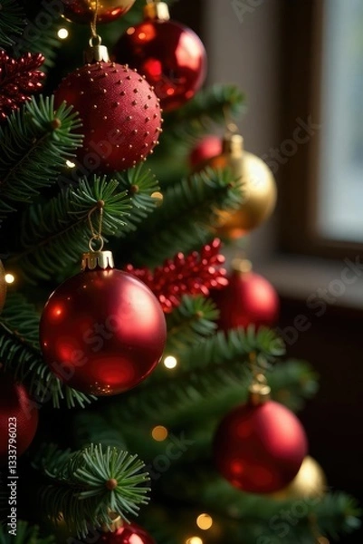 Fototapeta Glowing gold and red ornaments hanging on a large dark red glittering Christmas tree, shimmering decoration, christmas tree