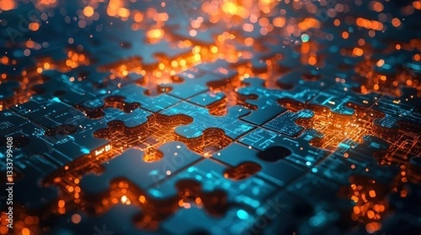 Fototapeta Glowing electronic circuit puzzle pieces creating a data network
