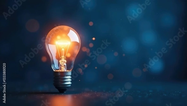 Fototapeta Glowing light bulb shines on dark blue bokeh background, emitting sparkles of white and pastel colors, soft glow, sparkle, dark blue