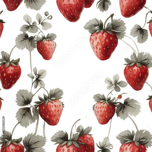 Fototapeta Vivid Red Strawberries with Detailed Green Leaves on Transparent Background – Seamless Botanical Pattern, Artistic Food Design Fresh Fruit Digital Art, Fabric, and Packaging Design