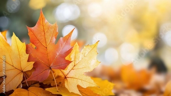 Fototapeta Colorful Autumn Leaves on Ground with Blurry Background