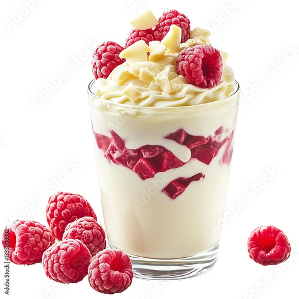Obraz A Glass of Cream with Raspberries and White Chocolate on Transparent Background