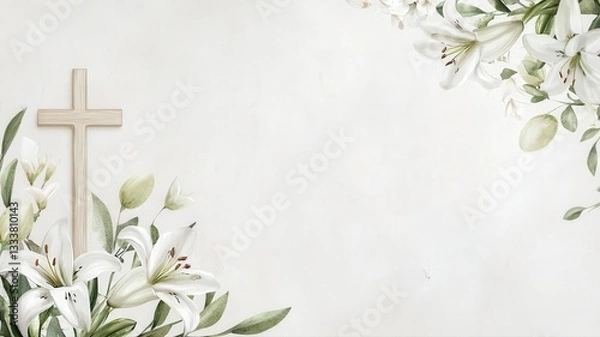 Fototapeta Clean, subtle design featuring a cross and white lilies on a light background, perfect for Easter Mass invitations, church bulletins, or spiritual spring-themed announcements.
