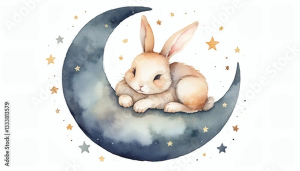 Fototapeta Cute Watercolor Bunny Sleeping on a Crescent Moon with a Dreamy and Soft Aesthetic