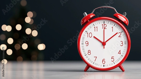 Fototapeta Red alarm clock on table with vintage style on red background