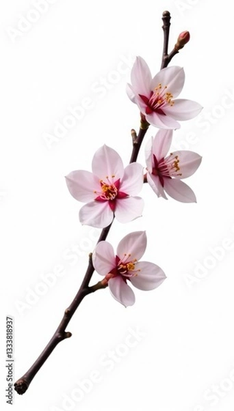 Fototapeta Single isolated branch with flowers or blossoms on white background, delicate, simple, petals