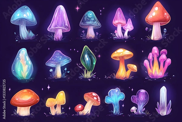 Obraz Colorful glowing mushrooms in fantasy setting.  Possible use  children's book illustration