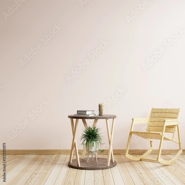 Obraz Living room with pink walls and wooden chairs on the floor.3D rendering