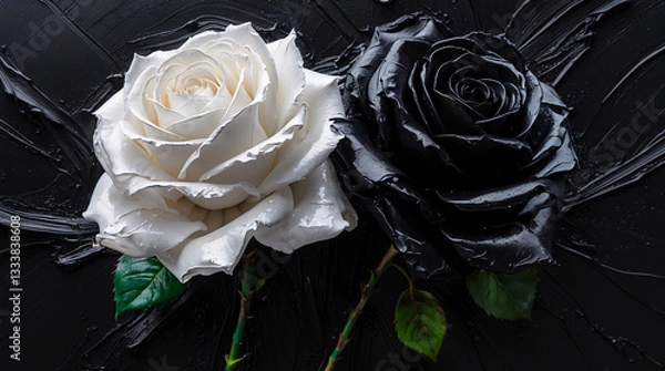 Obraz Gorgeous pure white rose contrasted with bold abstract black and white splash wall creating a stunning art inspired image  Abstract Floral Wallpaper
