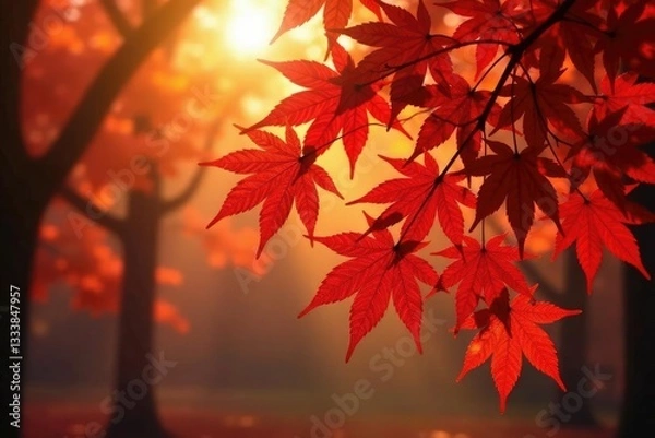 Fototapeta Warm sunlight filters through maple leaves in autumn, red, nature, tree