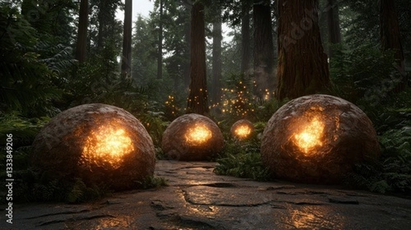 Fototapeta forest with glowing mushrooms and fireflies, with an ethereal misty background, shot in the studio with professional lighting to enhance the mystical atmosphere