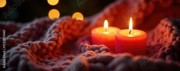 Obraz Warmly glowing candles on a thick yarn blanket, Christmas, candles