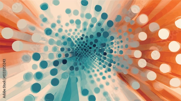 Fototapeta The image is an abstract composition featuring a radial pattern of teal and orange circles and lines. The circles vary in size and are arranged in a way that creates a sense of depth and movement,