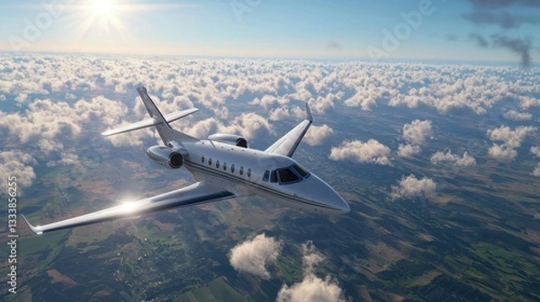 Fototapeta A sleek private jet is flying effortlessly through a bright afternoon sky filled with fluffy clouds. Below, a lush landscape stretches out, showcasing fields and distant hills