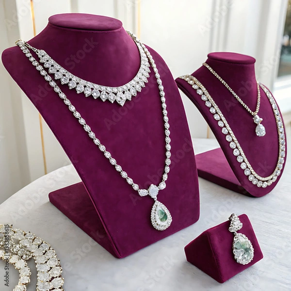Fototapeta A close-up of sparkling gemstone necklaces displayed on a velvet stand under soft lighting