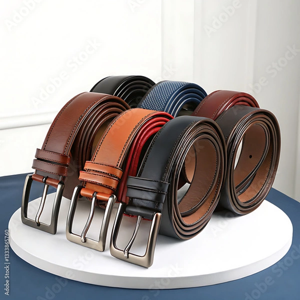 Fototapeta  A collection of stylish leather belts in varying widths arranged in a spiral display 