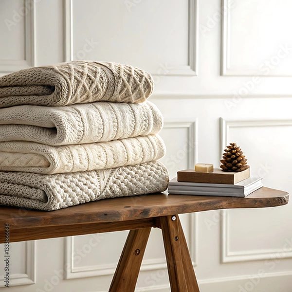 Fototapeta A display of cozy knit sweaters folded neatly on a wooden table with warm lighting 