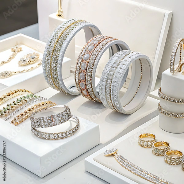 Fototapeta A display of shimmering bracelets and bangles arranged in circular patterns on a jewelry counter 