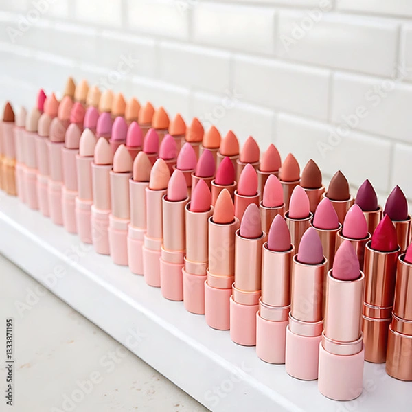 Fototapeta A variety of matte and glossy lipsticks arranged in neat rows with a backdrop of pastel shades