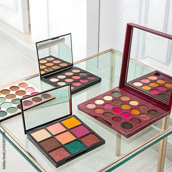 Fototapeta An assortment of makeup palettes with bold, vibrant eyeshadow colors spread across a glass counter 