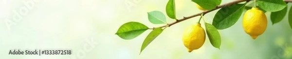 Fototapeta Stem and leaves of lemon tree on white branch, lemon tree, stem