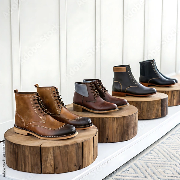 Fototapeta An assortment of stylish leather boots lined up on rustic wooden platforms