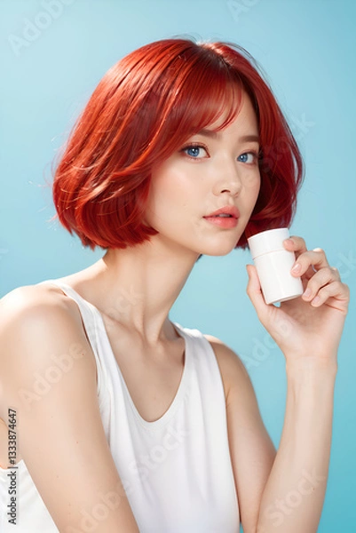 Obraz Stunning Red-Haired Model Holding Skincare Product