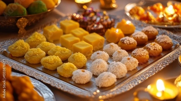 Obraz Assorted Indian Sweets Arranged On Silver Platter