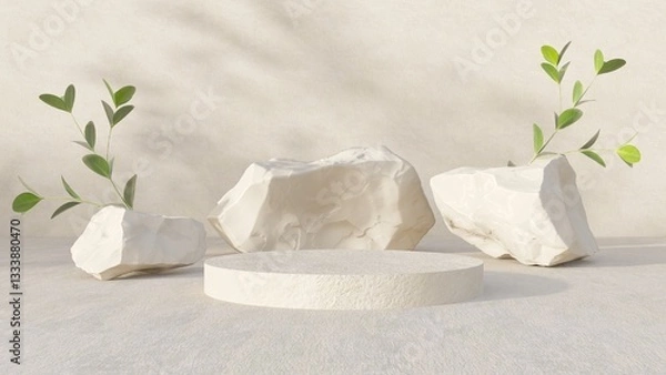 Fototapeta Beige background with a cylindrical stone podium, beige stones, green boxwood branches, sunlight and shadows. Product presentation mockup, organic cosmetic and food concept. 3D render