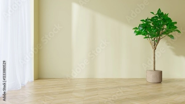 Fototapeta Empty pastel yellow interior with large window, light and shadows play on the wall, parquet floor and green plant in the pot. Interior mockup with space for furniture or paintings 