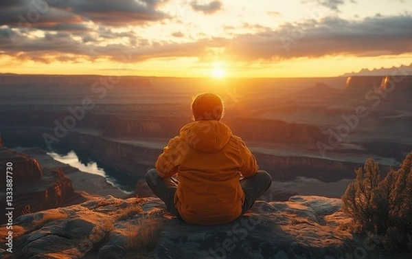 Obraz GoldenHourCanyon A lone hiker meditates, bathed in the warm glow of a breathtaking sunrise over a vast canyon.