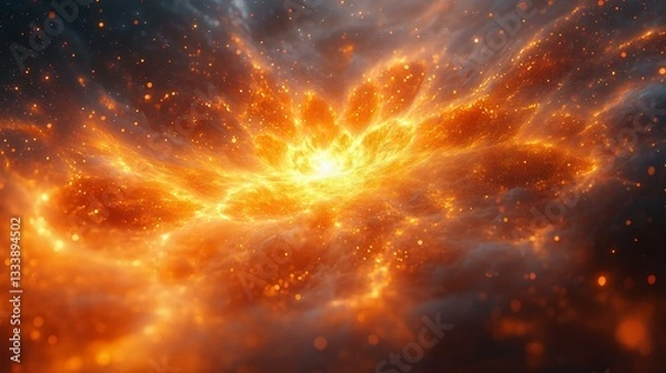 Fototapeta A stunning cosmic explosion with vibrant orange and yellow hues, depicting the vastness of space in a mesmerizing, ethereal glow.